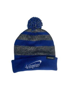 4Imprint Crossland Pom Beanie Hat Blue Gray Striped Warm Winter Cap